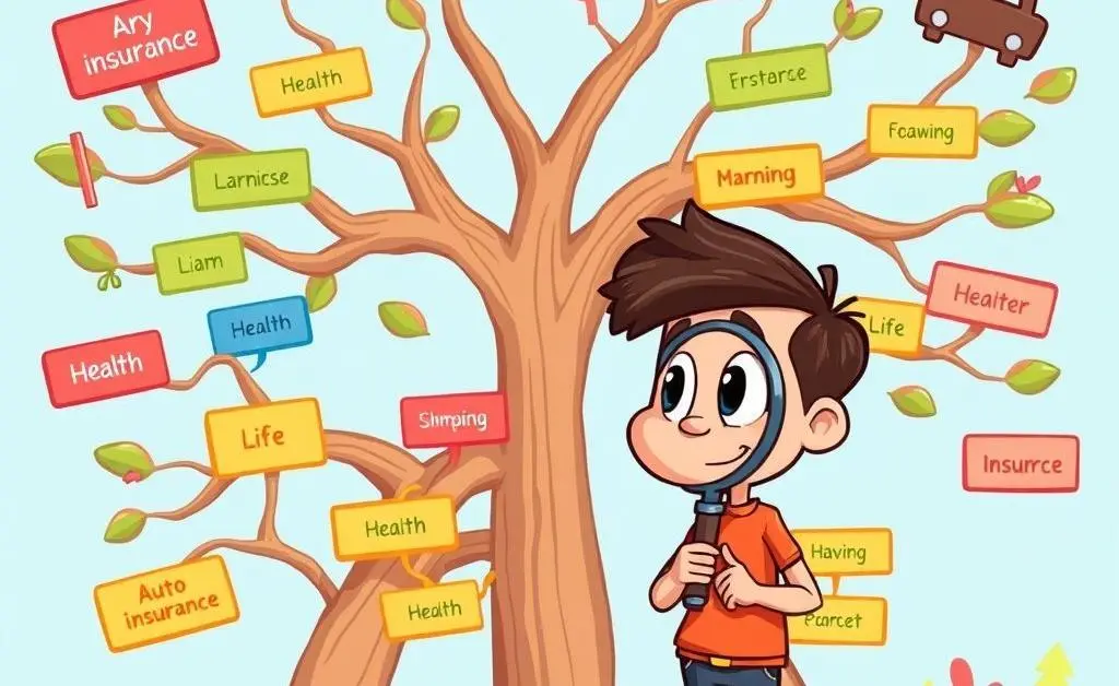 A cartoon of a person at a decision tree, choosing between different insurance plans.