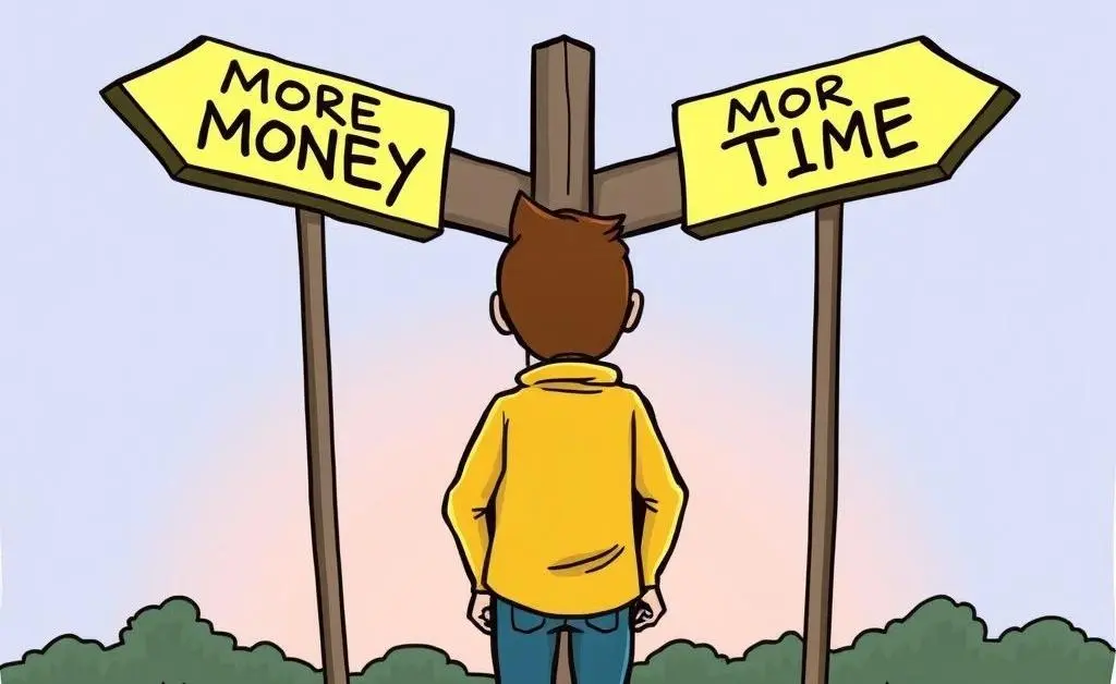 A person at a crossroads with signs pointing to 'More Money' and 'More Time'.