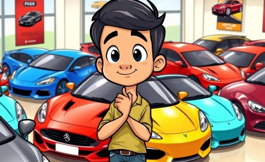 Cartoon of a person choosing between different car models