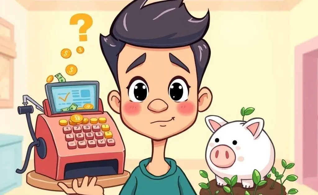 Illustration of a person contemplating two options: checking vs savings account.
