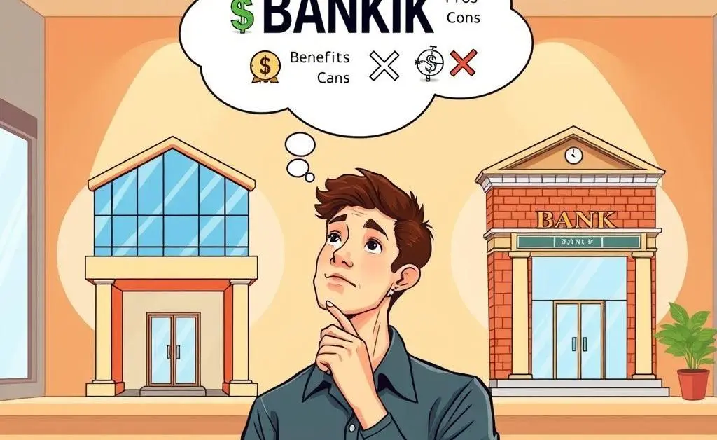Illustration of a person pondering two different bank options with a thought bubble showing pros and cons.