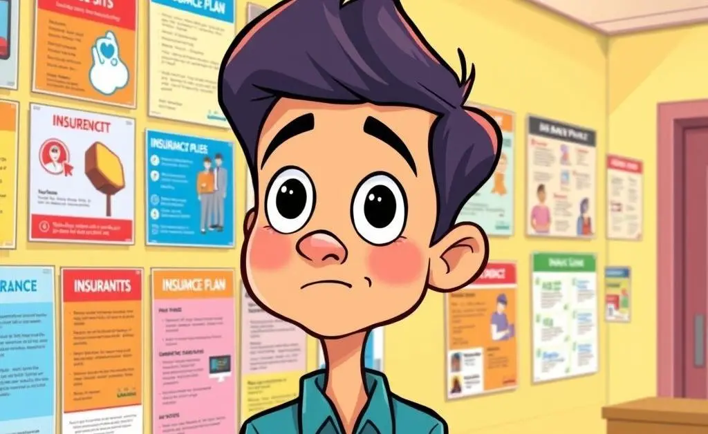 An individual looking at a wall with various insurance plan options.