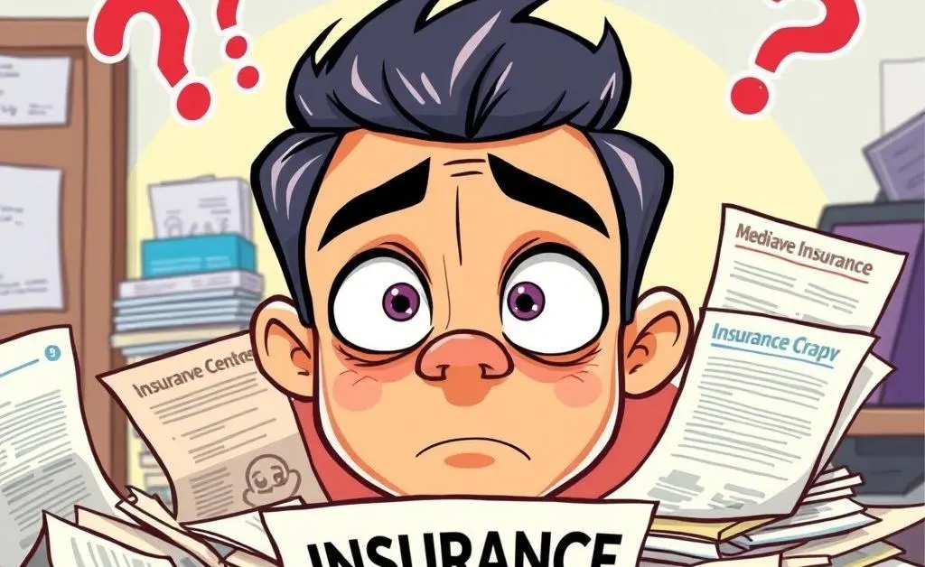 Cartoon person looking confused at a pile of insurance documents