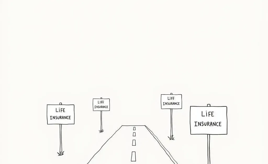 Road with multiple signs pointing towards different life insurance plans