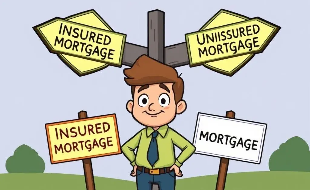 Cartoon character choosing between insured and uninsured mortgage