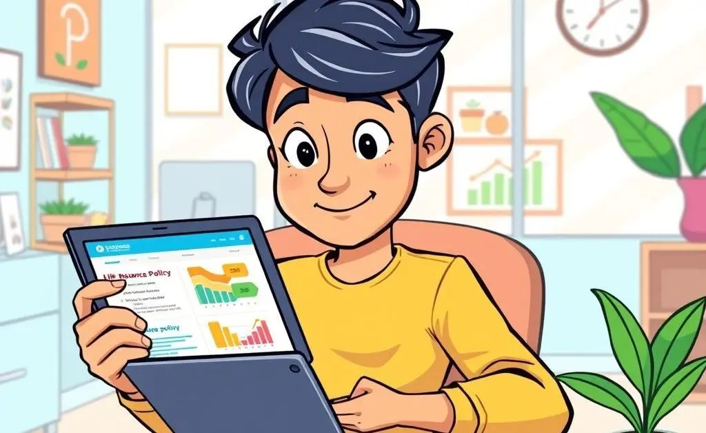 A cartoon illustration of a person comparing life insurance policy options on a tablet