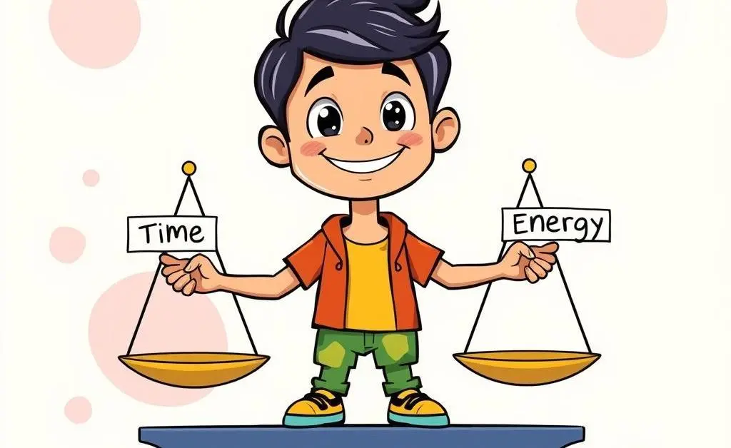 Cartoon illustration of a person choosing to hold scales marked 'Time' and 'Energy'