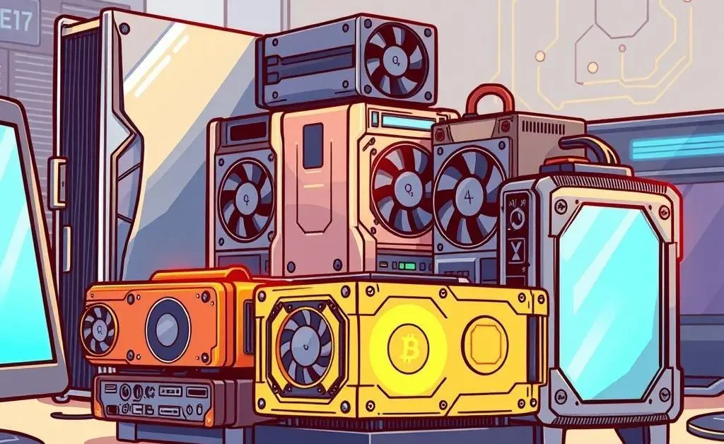 Cartoon-style image of various mining equipment like GPUs and ASICs placed on a desk