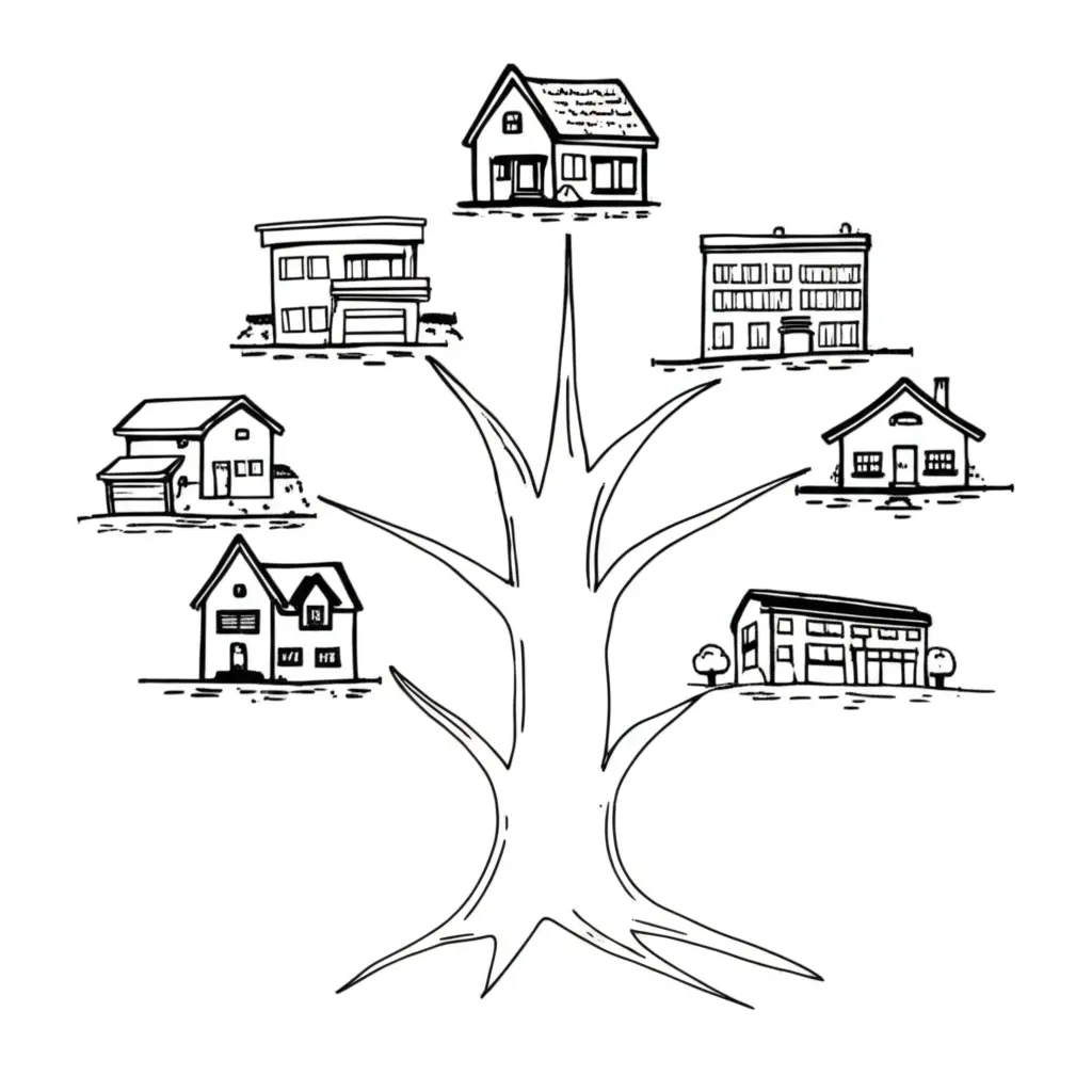 A hand-drawn style illustration of a decision tree with different homes