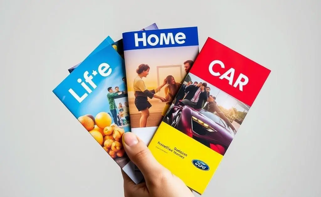 A hand holding different colorful brochures labeled 'Life', 'Home', 'Car'