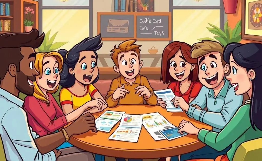 Cartoon image of a group of people discussing credit card rewards at a coffee table.