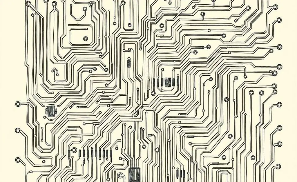 A hand-drawn style image of a circuit board resembling a labyrinth, symbolizing the complexity of semiconductor investing.
