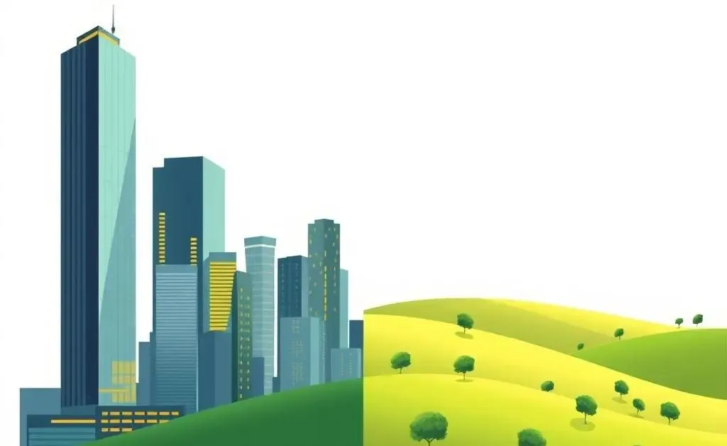 Comparing city life to rural life with skyscrapers and rolling hills.