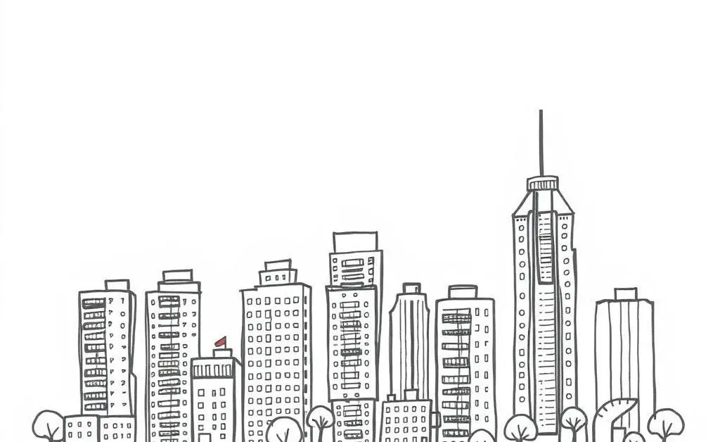 A city skyline with various apartment buildings.