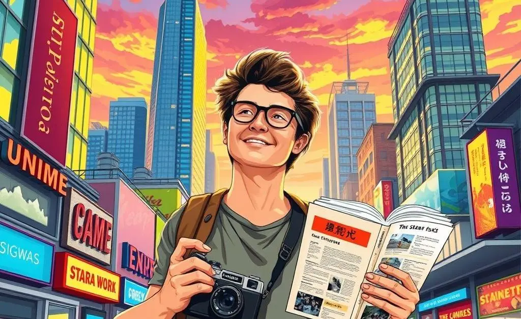 An illustration of a person sightseeing in a vibrant city with a camera and guidebook.