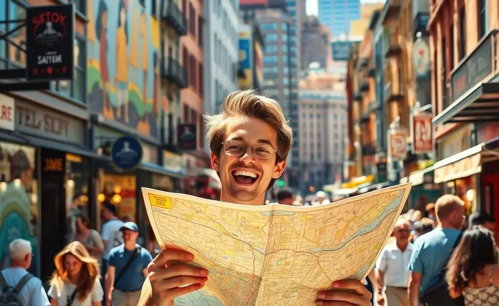 A cheerful person with a map exploring a vibrant urban neighborhood, surrounded by diverse buildings and people