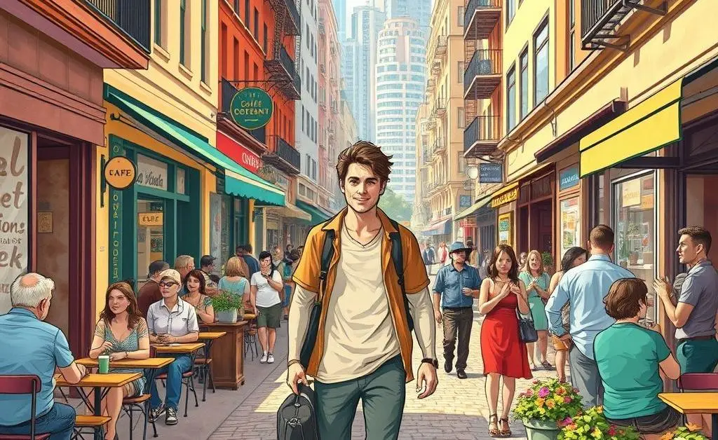 Illustration of a person walking in a lively city neighborhood, with cafes and people around