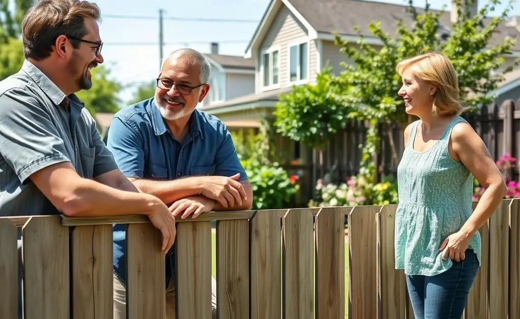 City neighbors amicably chatting over a fence, chickens in the background.