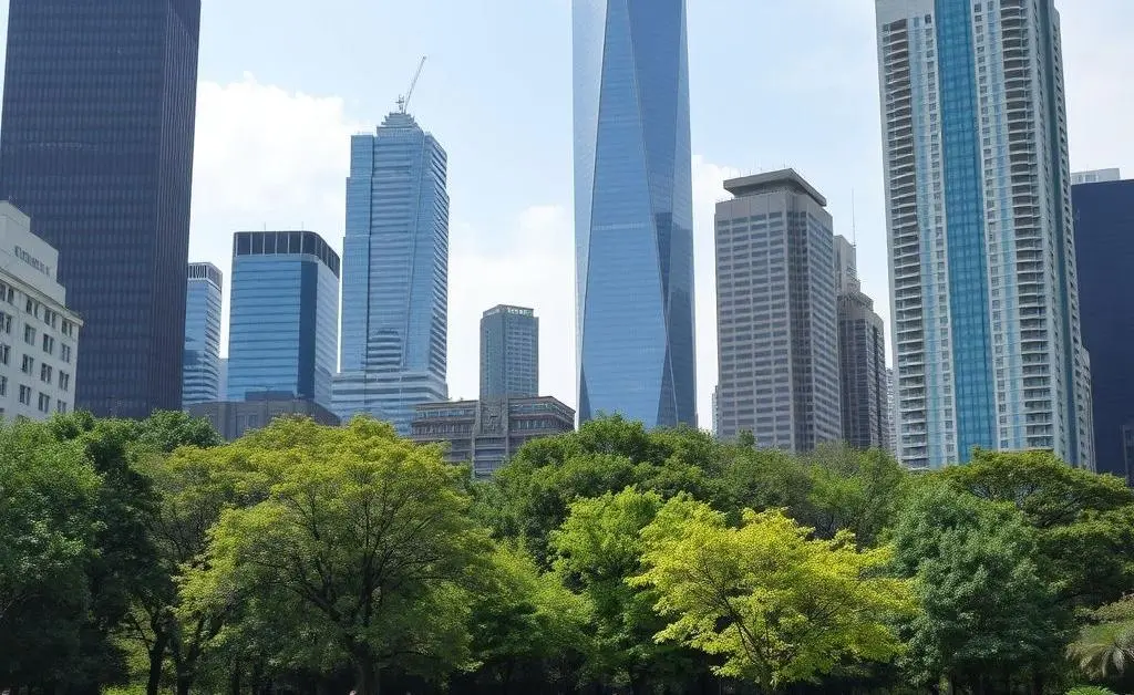 People having a picnic in a lush city park surrounded by skyscrapers.