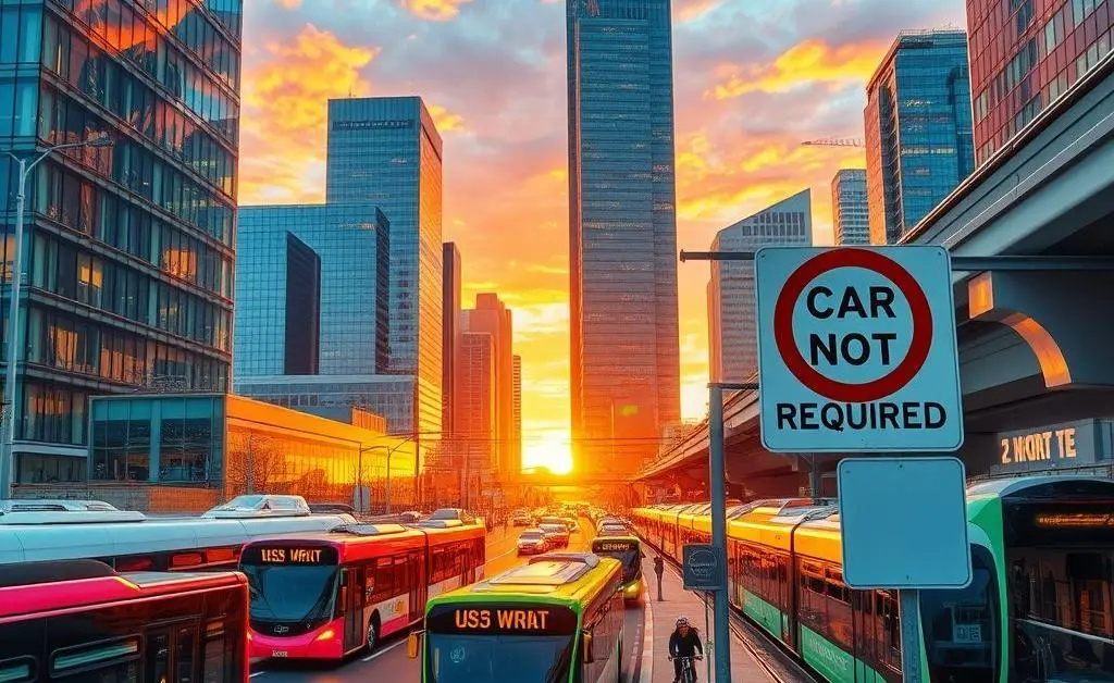A cityscape showcasing various transportation modes