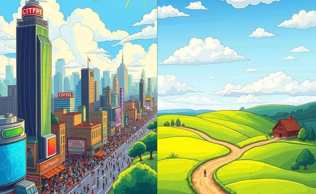 A comparison of city and rural lifestyles in cartoon style.