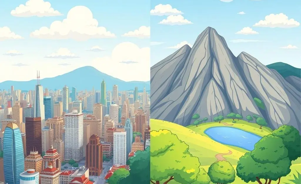 Split view of cityscape and nature