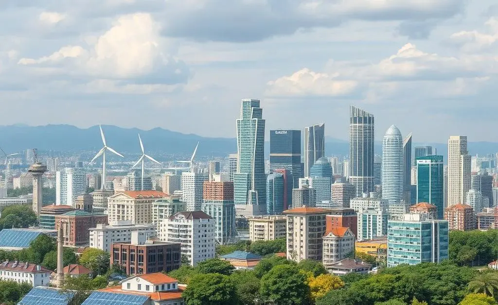 Cityscape showing a modern city powered by renewable energy sources