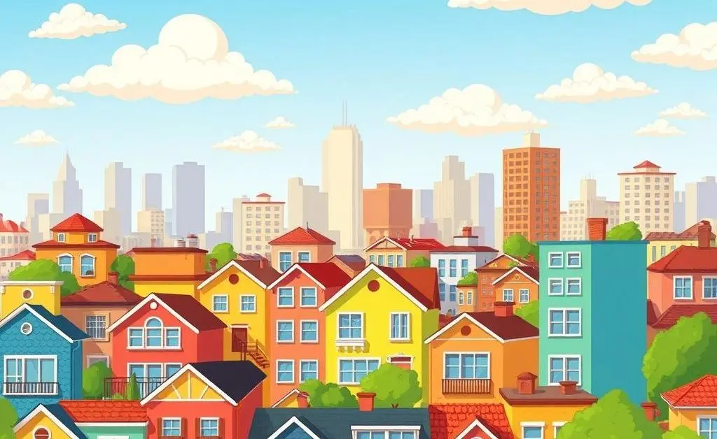 Cartoon-style cityscape featuring various affordable homes
