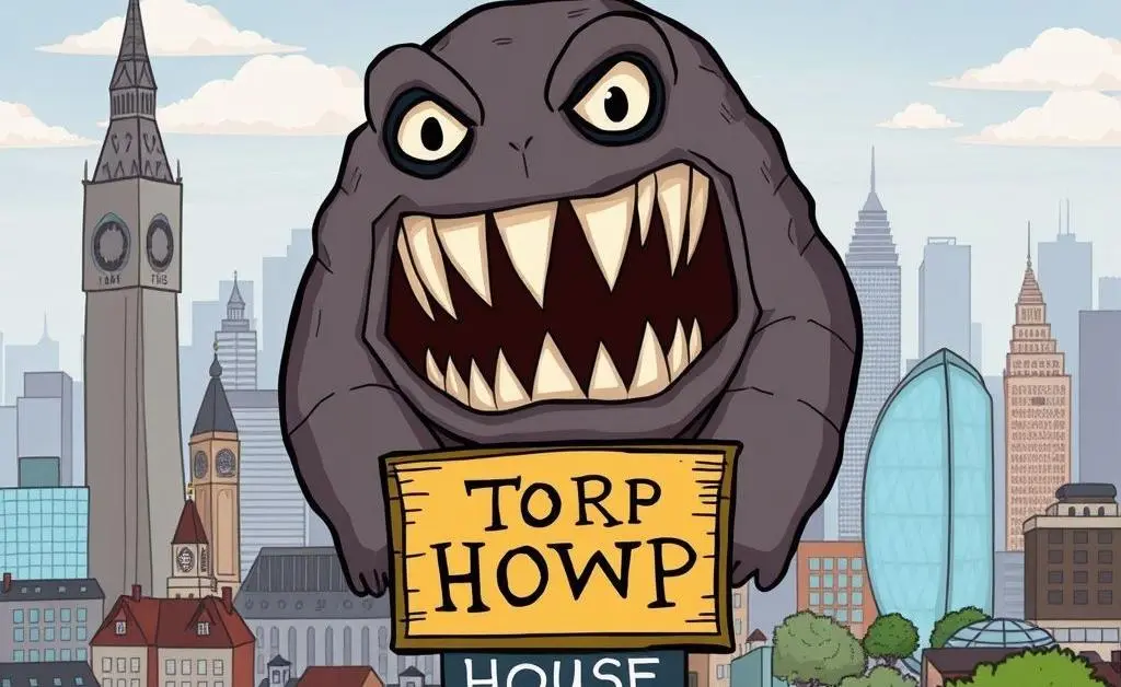 A cartoon cityscape of London with a giant trap looming over a house sign