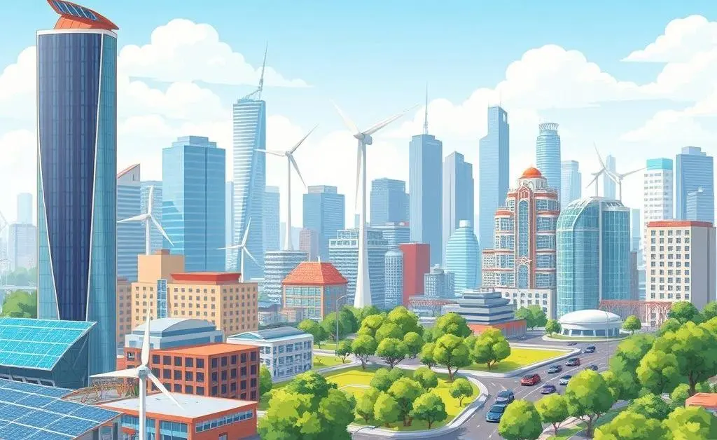 Cityscape with renewable energy sources