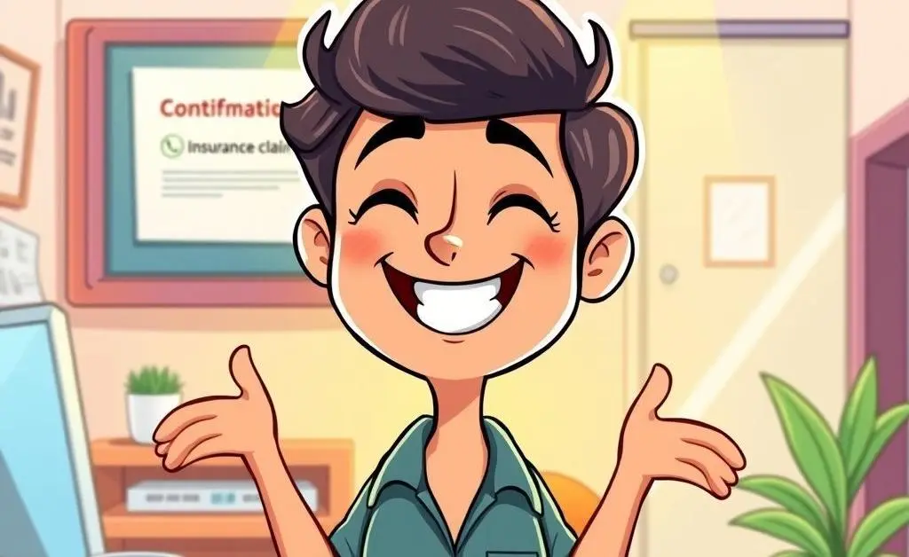 A cartoon of a relieved person after successfully filing an insurance claim.