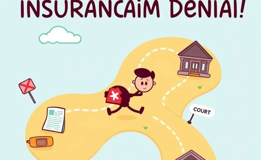 A cartoon roadmap illustrating steps to handle an insurance claim denial.