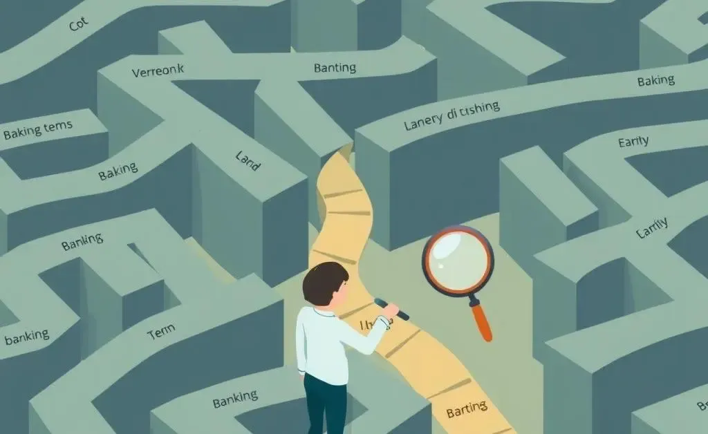 Maze filled with banking terms and person with magnifying glass.