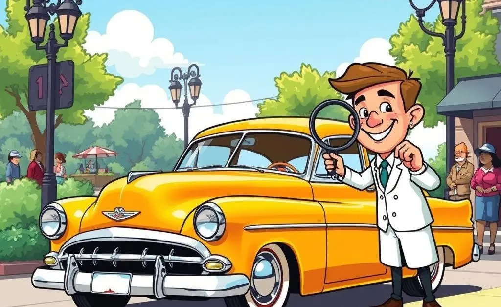 A cartoon-style depiction of a vintage car being appraised for value