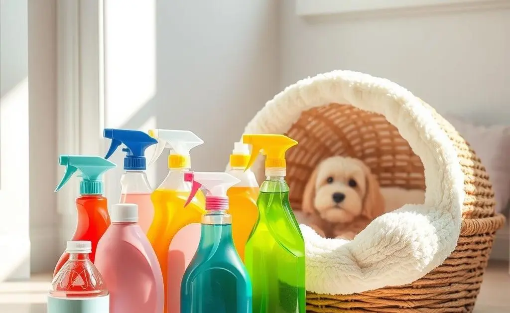 A variety of cleaning products next to a dog basket