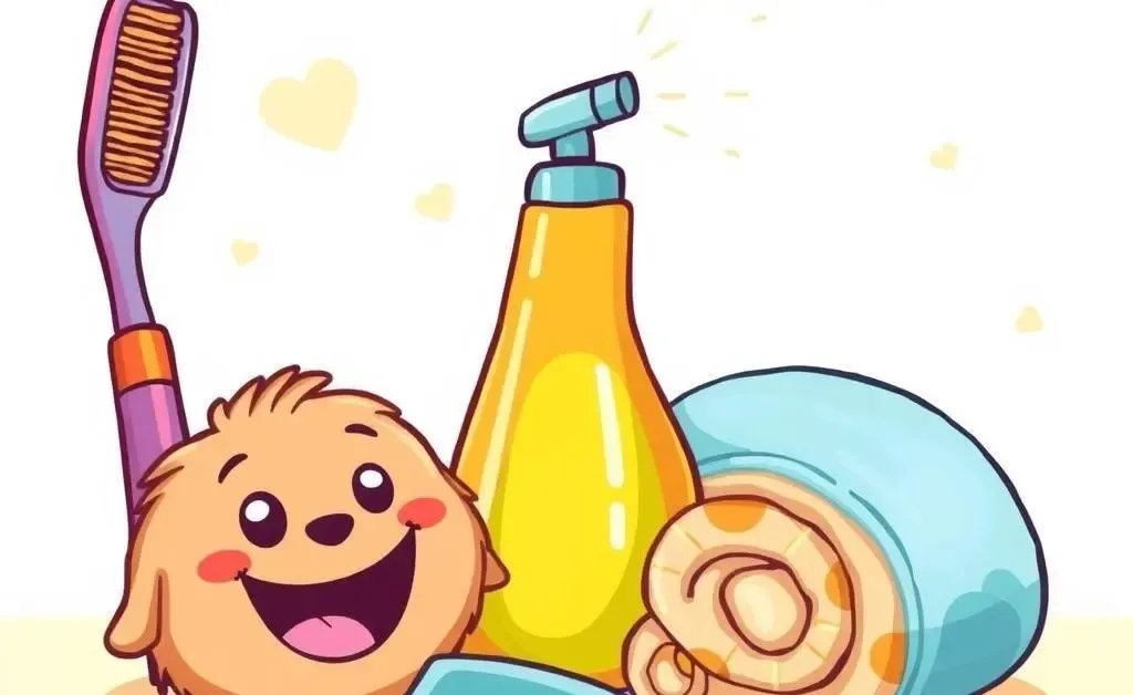Illustration of various pet cleaning tools like a brush, spray bottle, and towels.