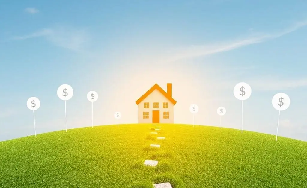 A clear path leading through financial icons towards a house at the horizon