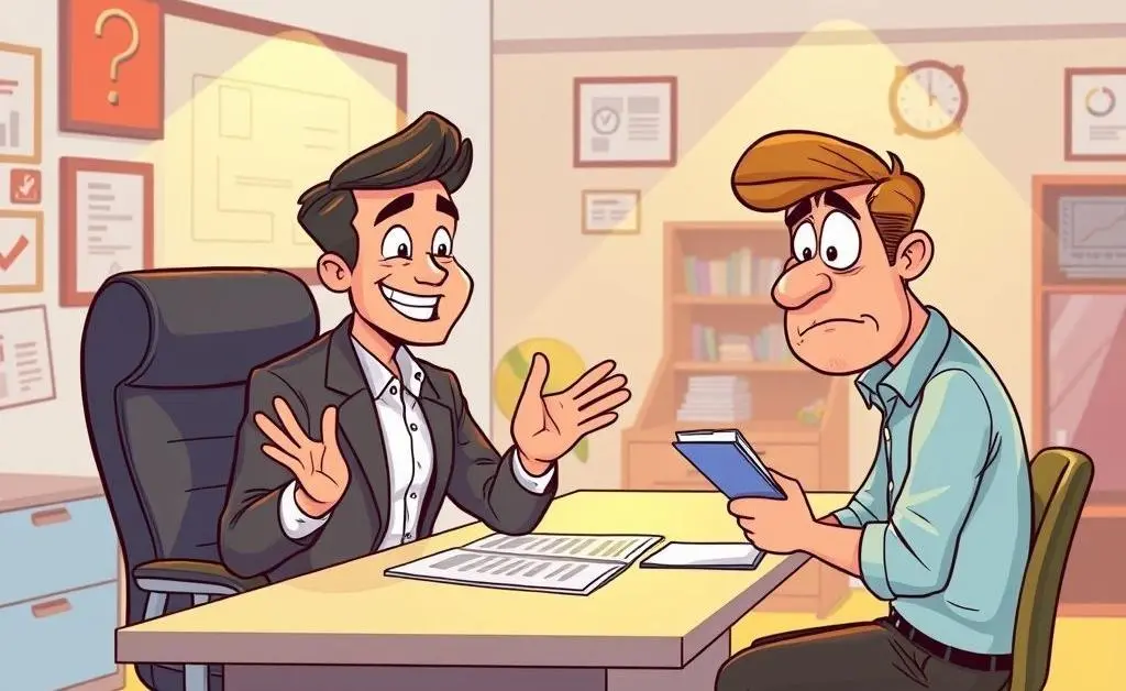 Cartoon of an agent explaining policies to a client