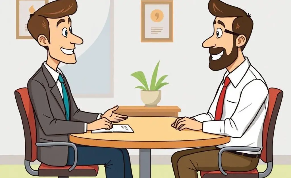 Cartoon-style image of an insurance agent having a meeting with a client.