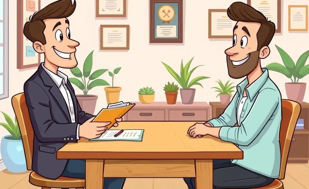 Cartoon-style image of a friendly meeting between an adjuster and a homeowner at a table.