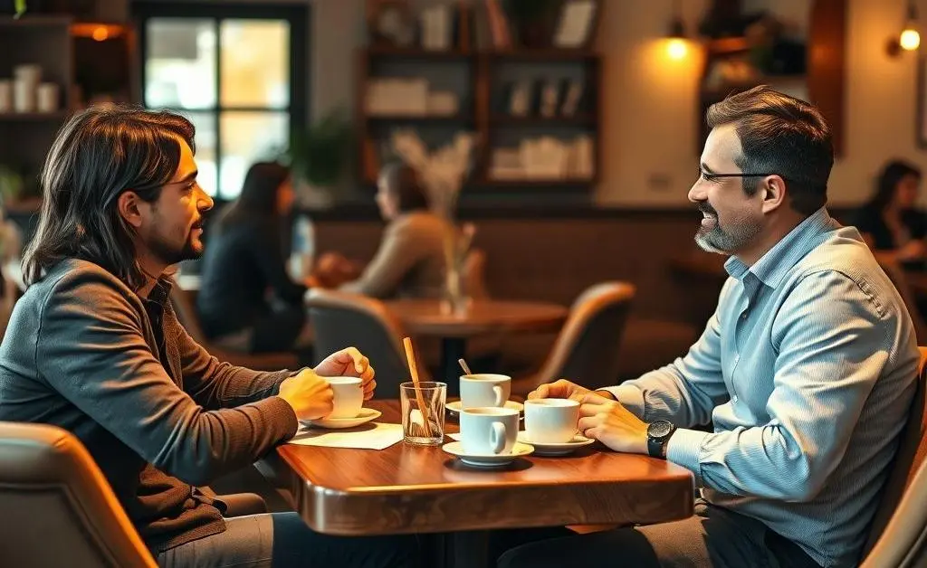 An informal meeting between an entrepreneur and client at a cozy cafe