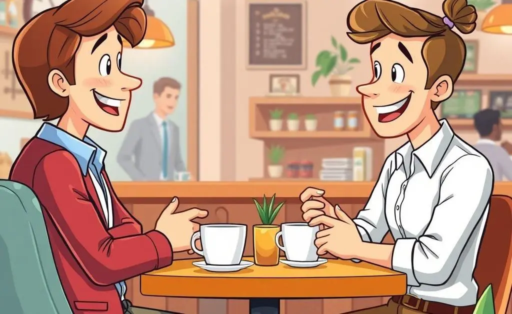 A friendly cartoon illustration of an insurance agent meeting with a client over coffee.