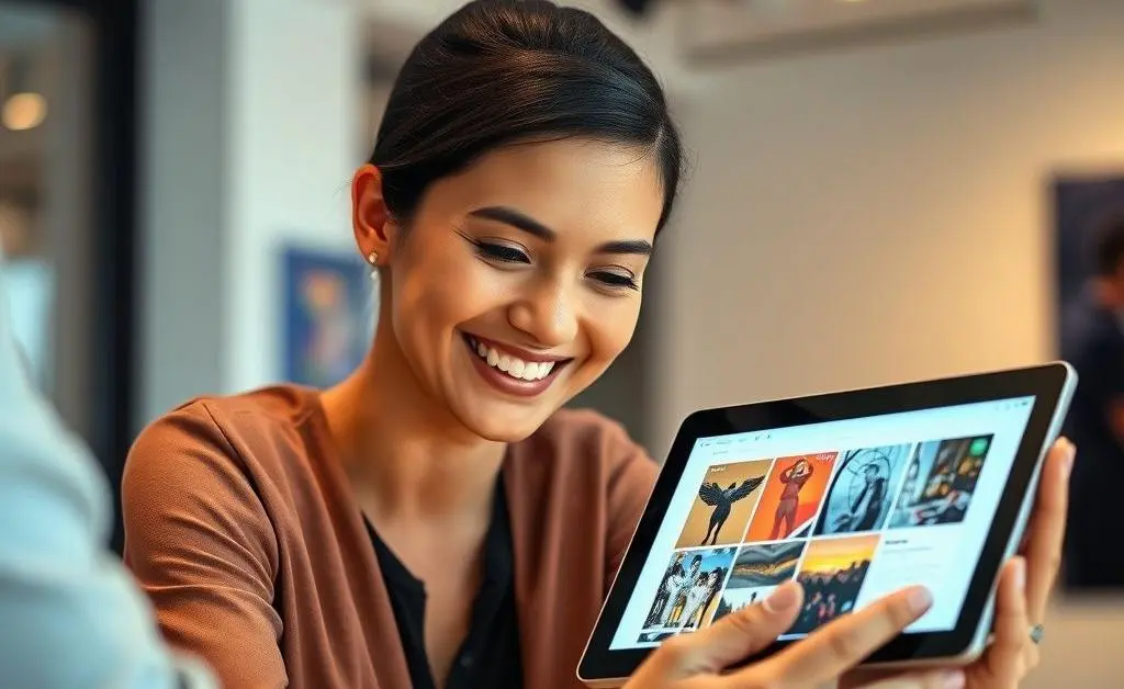 A client smiling approvingly while viewing a portfolio on a tablet.