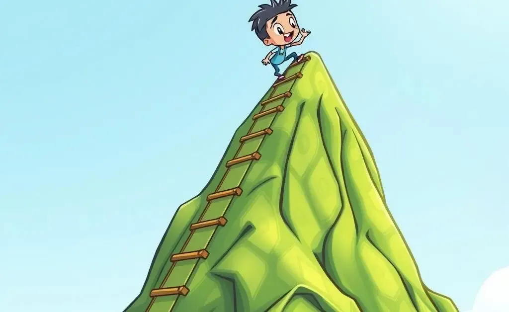A cartoon character climbing a mountain made of dollar bills.