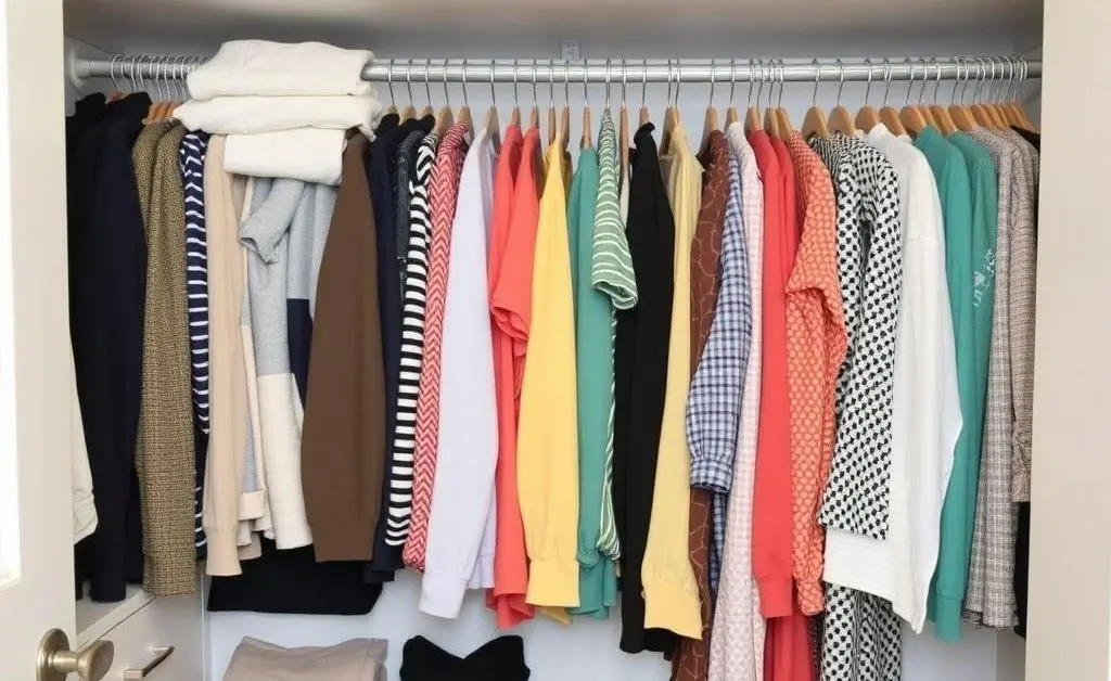 Illustration of a cluttered closet on one side and an organized capsule wardrobe on the other.
