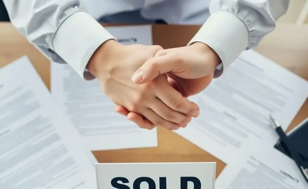 Hands shaking over a table symbolizing the closing of a business deal.