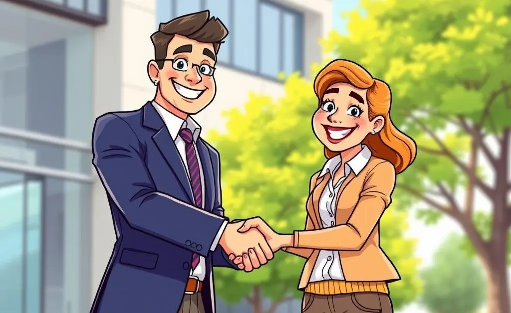 Cartoon showing an agent and client shaking hands