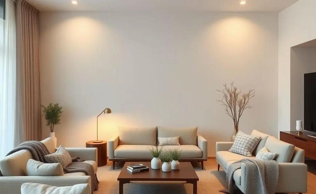 A tidy living room with minimal furniture, soft lighting, and cozy textiles.
