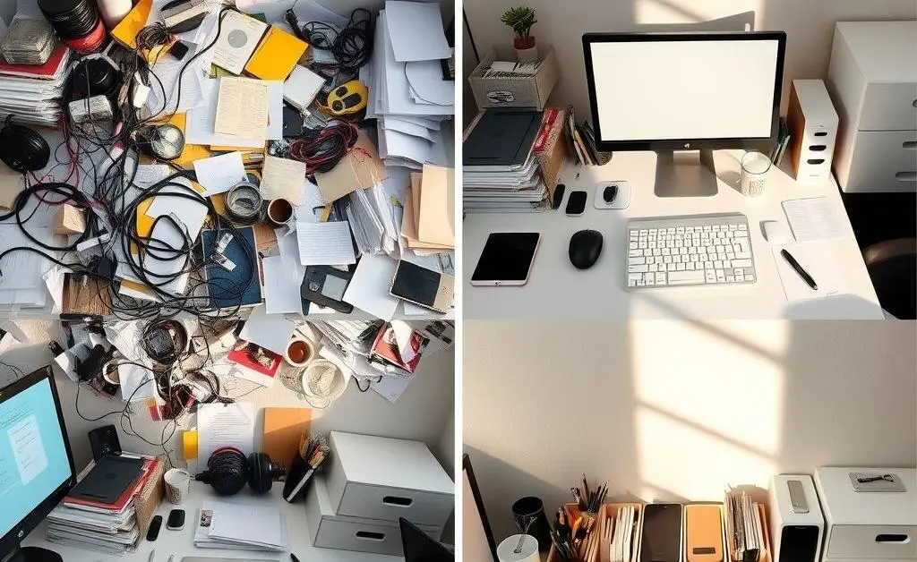 Before and after images of a cluttered desk transforming into a clean, organized workspace