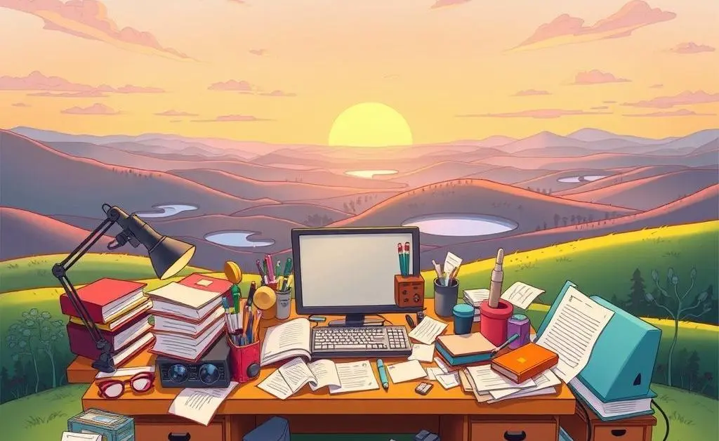 A cartoon-style image of a cluttered desk with a calming landscape in the background.